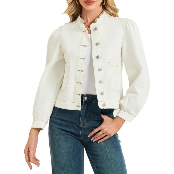 Women Denim Jacket Cotton Blend Puff Sleeve Ruffle Neck Casual Fall - Picture 1 of 7